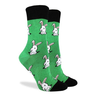 Bunny Rabbit Women's Socks are a perfect gift for that lady in your life is who adorable. The Bunny Rabbit is hopping out of the hole in the ground, featuring a bright green background.