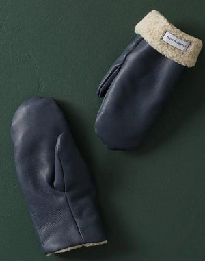 Navy Leather Mittens - Medium/Large Size