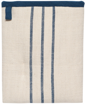the square oven mitt is reminiescent of the french country side, navy blue stripes on off white organic cotton slub