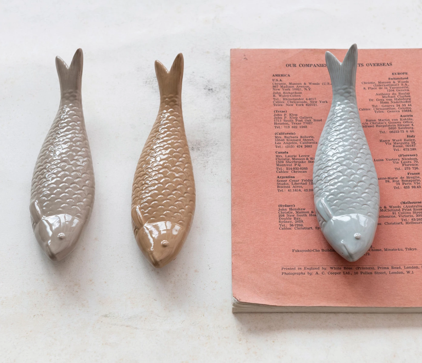 Scultped Stoneware Fish Decor, The scultped fish decor piece is a great addition to any library shelf, coffee table or cabin. 