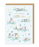 Welcome to the World Little One Card, The front of the New Baby Card features adorable retro style lambs and bunnies bouncing and hopping around in their new world. The front reads "Welcome to the World Little One" and blank on the inside for your message
