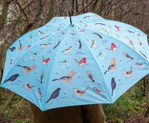 Garden Birds Umbrella a fun umbrella to keep you dry and out of the rain. The umbrella features a variety of garden birds on a blue background. The birds range from robins to woodpeckers to blackbirds.